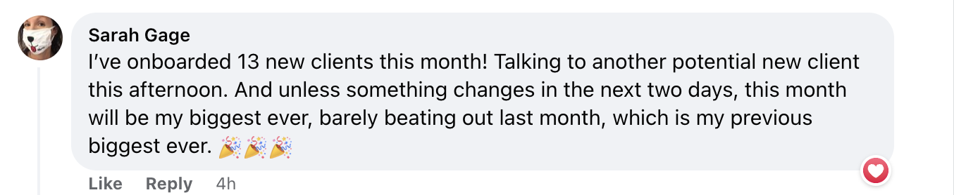 Sarah Gage-13 new clients-biggest month yet